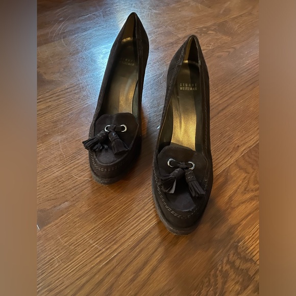 VINTAGE STUART WEITZMAN Lovely Brown Suede Tassel Square Toe Wedge Loafers 8.5M. - Picture 3 of 11